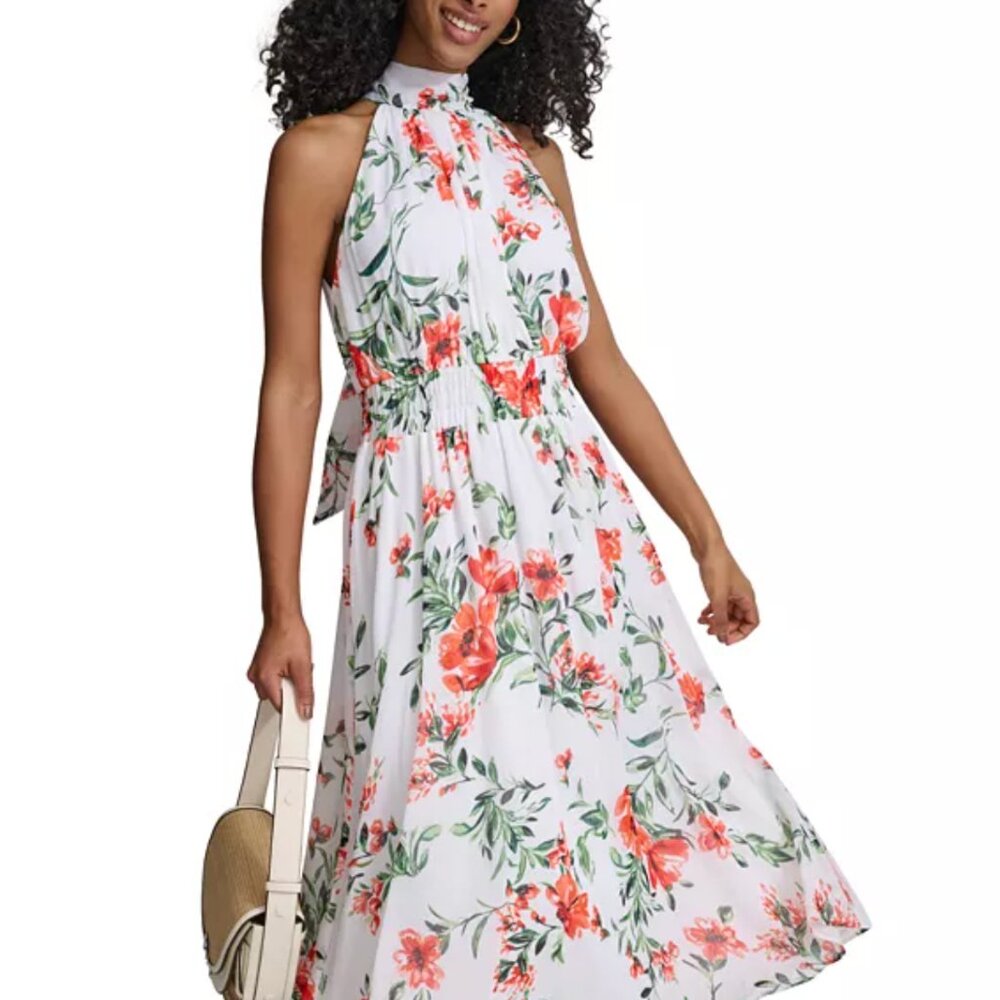 Calvin Klein Floral Print A Line Halter Sleeveless Dress, Size: 8